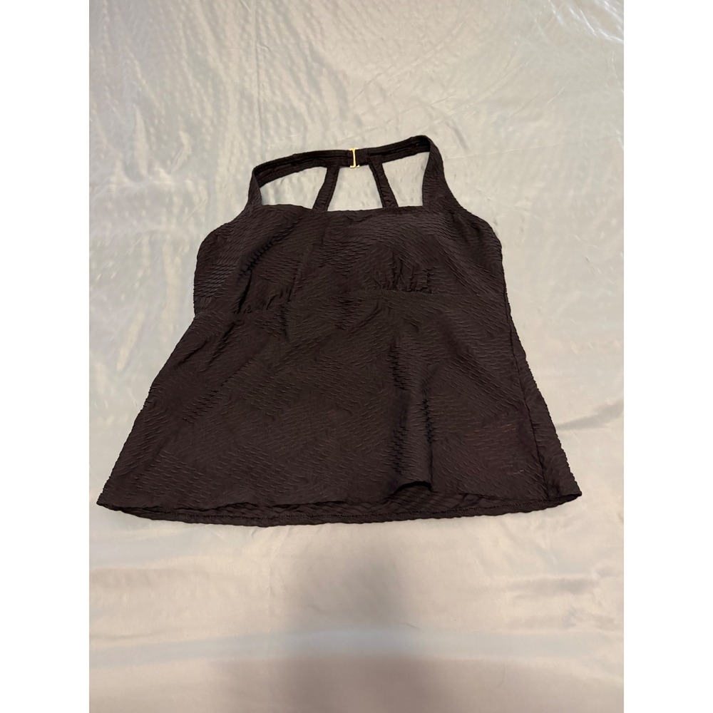 Lands End Black Textured Ripple Tankini Swim Top Gold Hardware Clasp